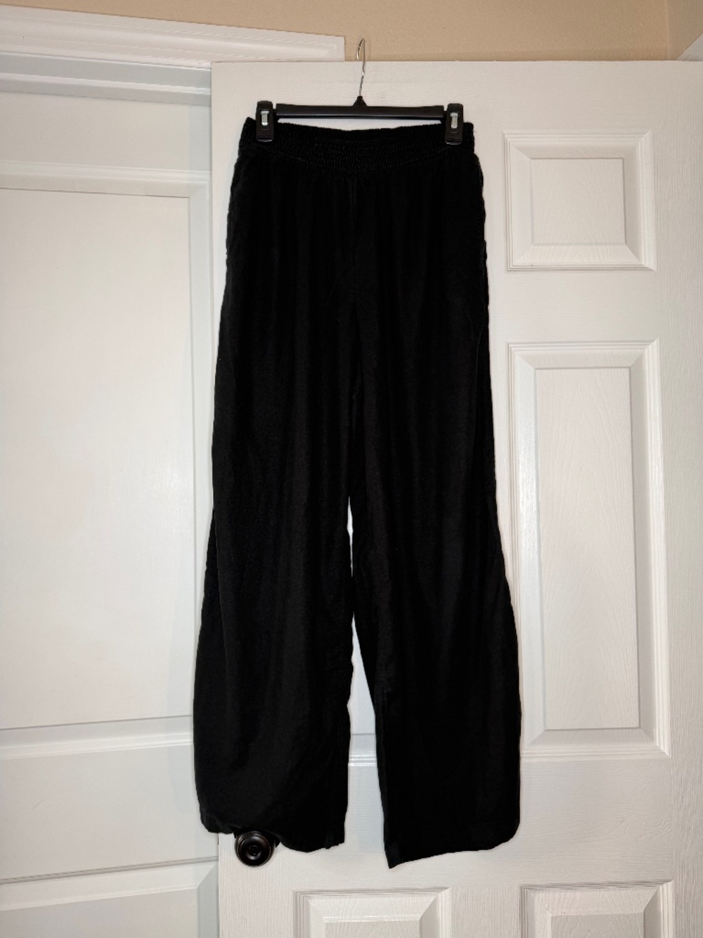 Aerie Black Linen Blend Wide Leg Smocked Waist Pants Pockets Women Sz M